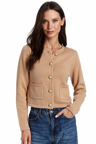 Drew Marielle Cardigan in Wheat. wheat-colored cropped cardigan with butterfly buttons and patch pockets