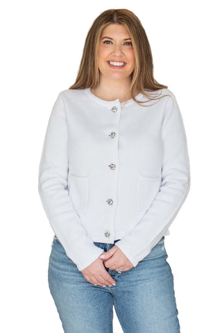 Drew Marielle Cardigan. white-colored cropped cardigan with butterfly buttons and patch pockets