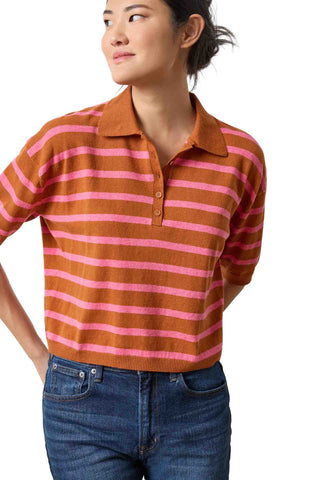 Lilla P Drop Shoulder Polo Neck Sweater in Sierra/Calypso. Rust orange and pink striped short sleeve polo neck sweater with drop shoulders and relaxed fit