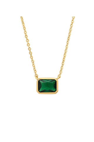 Tai Jewelry East West Emerald Bezel Necklace.Gold chain necklace with rectangular emerald green stone set horizontally in gold bezel setting pendant