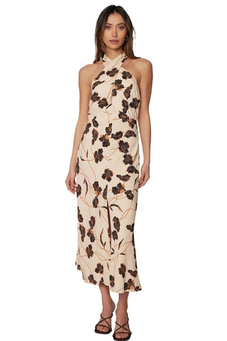 Lost and Wander Echoes of Romance Midi Dress. cream midi dress with brown floral print, featuring halter neckline with tie closure and flowing silhouette.