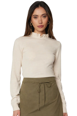 Lost & Wander Elena Mock Neck Top in Ivory. Ivory long sleeve mock neck sweater with ruffle collar detail