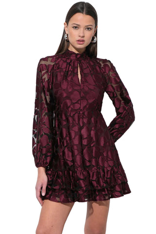 Adelyn Rae Elinor dress in wine burgundy velvet burnout featuring mock neck, keyhole detail, sheer long sleeves and tiered ruffle hem