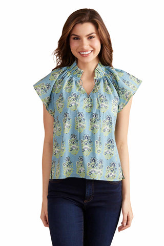 Double A Em Top in Bloom. Light blue blouse with green and cream paisley print, featuring flutter sleeves, collar, and V-neckline