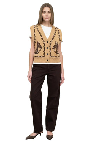 Moon River Horse Knit Vest. camel colored sleeveless knit vest with brown horse head jacquard pattern and chain link design, featuring V-neckline and button front closure