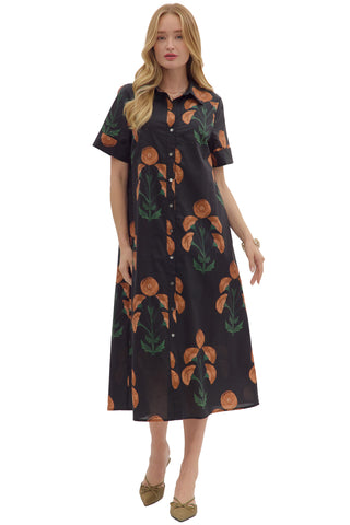 Black midi shirt dress with large burnt orange and green floral print, collar, button front, short sleeves