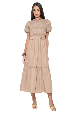 Erin Short Sleeve Smocked Midi Dress - Mocha Monkee's of The Woodlands Erin Short Sleeve Smocked Midi Dress - Mocha Monkee's of The Woodlands