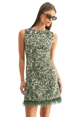 Dariel Faux Feather Hem Sleeveless Jacquard Mini Dress - Moss/Silver Dresses Adelyn Rae Monkee's of The Woodlands