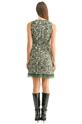 Dariel Faux Feather Hem Sleeveless Jacquard Mini Dress - Moss/Silver Dresses Adelyn Rae Monkee's of The Woodlands