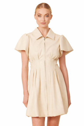 Dolce Cabo Faux Leather Bubble Dress with Front Zip in Bone Ivory color. 