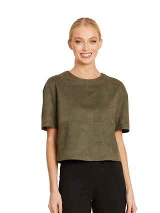 Faux Suede Cropped Tee - Olive Tops Dolce Cabo Monkee's of The Woodlands