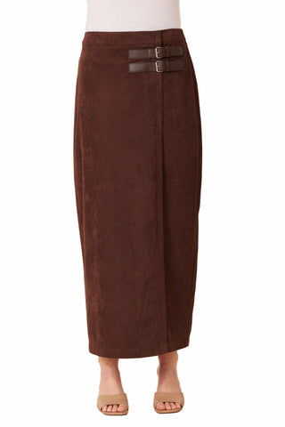 Dolce Cabo Faux Suede Side Buckle Long Skirt - Brown