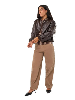 Faux Leather Crinkle Jacket - Cacao Jackets Esqualo Monkee's of The Woodlands