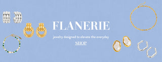 Jewelry collection with 'FLANERIE' brand on a blue background