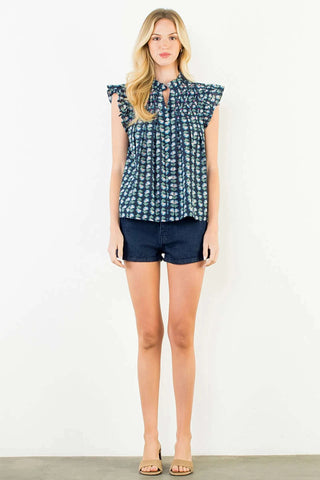 Flutter Sleeve V-Neck Top - Navy Tops THML Monkee's of The Woodlands