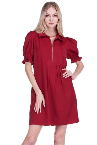 Jade Front Zip Darts Dress - Wine. 