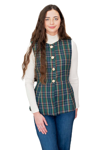 Forest green tartan plaid vest with navy, red, and gold check pattern, gold button front