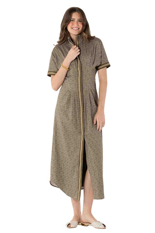 Emily McCarthy Georgia Dress in Green Tonal Monogram. olive green geometric print midi dress with full front zip closure, short sleeves, and high neckline