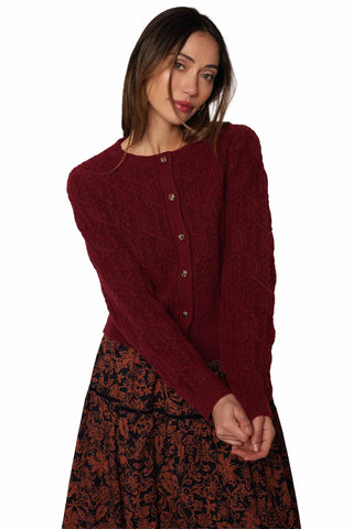 Lost + Wander Georgina Cardigan in burgundy featuring textured knit construction, button-front closure and crew neckline for versatile layering