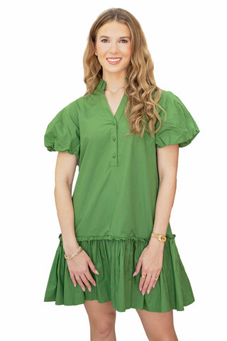 Double A Gia Dress in Boxwood. Green puff sleeve dress with button front and tiered ruffle hem