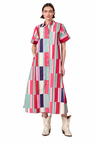 Livro Gibbons Dress in Woodlands Stripes. Colorful geometric striped maxi shirt dress with pink, green, navy and cream abstract pattern 