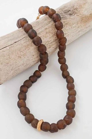 Deep chocolate brown matte glass bead necklace with gold accent spacer