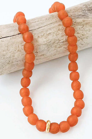 Burnt orange matte glass bead necklace with gold accent spacer 