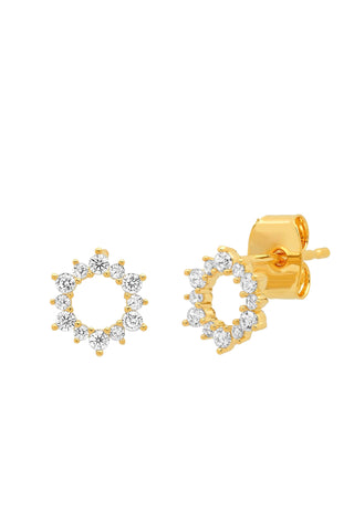 Gold stud earrings featuring open circle design with clear cubic zirconia stones arranged in floral pattern on gold posts