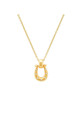 Tai Jewelry Gold Simple Chain Necklace with Horseshoe Icon. Gold horseshoe pendant necklace with clear cubic zirconia stones embedded throughout the horseshoe shape on delicate gold chain
