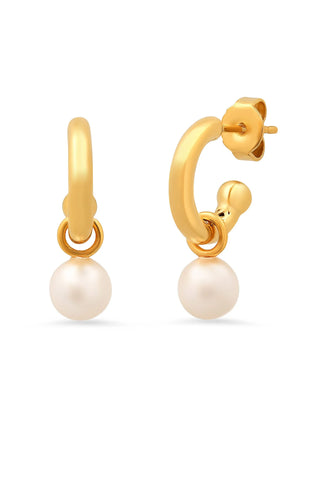 Tai Jewelry Gold Small Hoops with Pearl Charm. 
Small gold hoop earrings with detachable cream pearl charms hanging from circular connectors, shown in polished gold finish