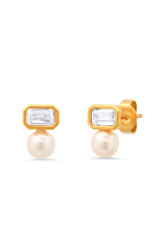 Tai Jewelry CZ-Pearl Studs. Gold stud earrings featuring rectangular baguette-cut clear crystals on top with cream pearl drops below in octagonal gold settings.