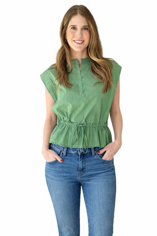 Green Top with Cinched Tie Waist with Cap Sleeve In Green