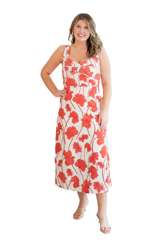 Greylin Madi Linen Sweetheart Neck Midi Dress - Cream/Red