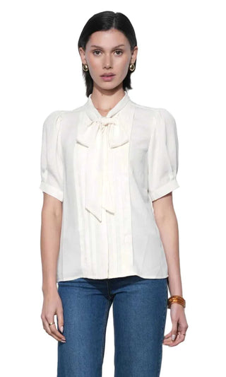 Fatima Pleated Tie Neck Short Sleeve Blouse Tops Greylin Monkee's of The Woodlands