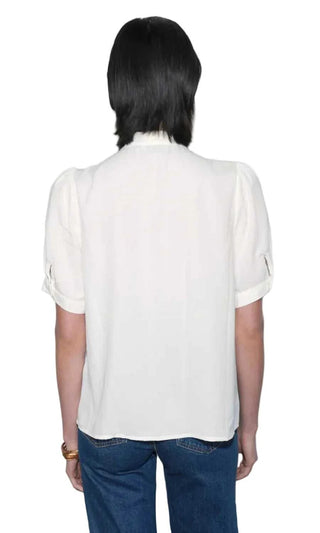 Fatima Pleated Tie Neck Short Sleeve Blouse Tops Greylin Monkee's of The Woodlands