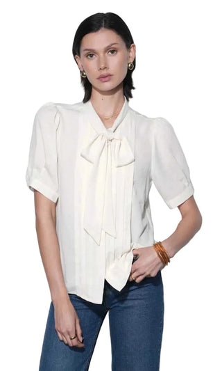 Fatima Pleated Tie Neck Short Sleeve Blouse Tops Greylin Monkee's of The Woodlands