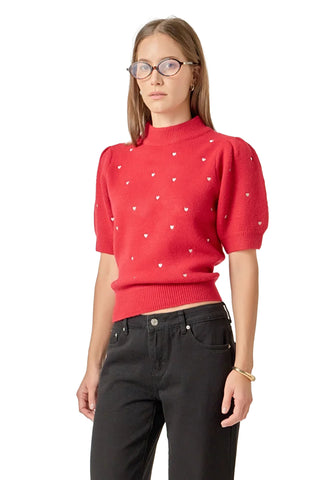 English Factory Heart Embroidered Puff Sleeve Knit Sweater