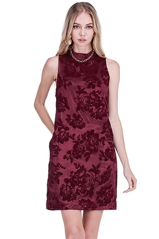 Joy Joy High Neck Halter Dress in Wine. wine-colored high neck halter mini dress with burgundy velvet floral burnout pattern