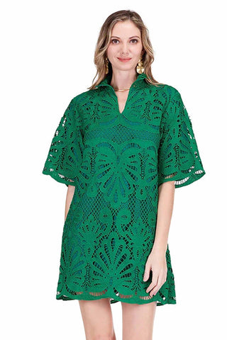 Jade High Neck Tunic Dress - Green Lace. emerald green lace mini dress with geometric cutout pattern, high neck with keyhole detail