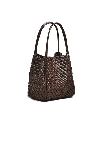 Remi Reid Hollace Mini Tote Woven in Espresso. Deep espresso brown woven mini tote bag with intricate basket-weave pattern, double handles, and structured shape
