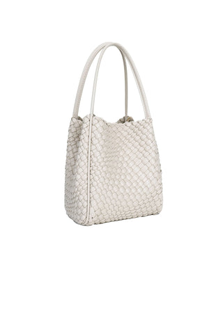 Ivory cream woven mini tote bag with intricate basket-weave pattern, double handles, and structured bucket shape 