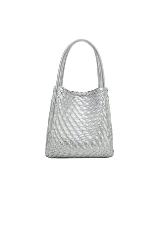 Remi Reid Hollace Mini Tote Woven Hi Shine Silver. Silver woven mini tote bag with high-shine basket-weave texture, double handles, and structured silhouette 