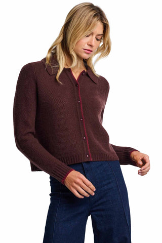 Lisa Todd Honeycomb Cardi in Chocolate. Rich chocolate brown cashmere cardigan with honeycomb texture, collar, burgundy button placket, and contrast trim