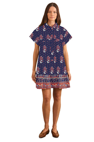 Hunter Bell Addison Dres in Fall Floral Navy. navy blue mini dress with fall floral paisley print, featuring collared neckline, short sleeves, and colorful border hem