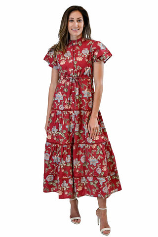 Victoria Dunn Hurley Dress in Scarlet Meadow. Red floral midi dress with mock neck, flutter sleeves, and tiered skirt featuring blue and cream flower print