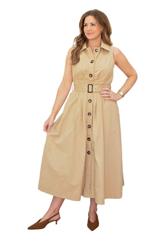 Entro Isabella dress in taupe featuring sleeveless trench coat styling with collar, button-front closure, matching belt and midi length