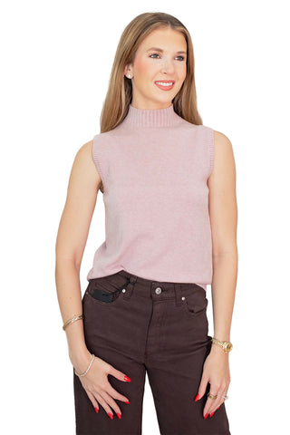 Milio Milano soft blush pink sleeveless mock neck sweater with ribbed knit texture and fitted silhouette