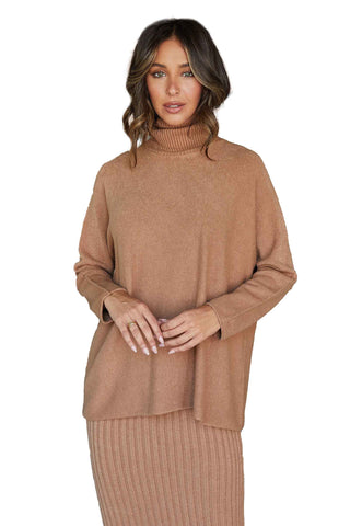 Milio Milano Camel colored Italian knit oversized turtleneck sweater with side slits and ribbed trim