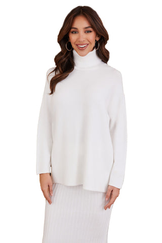 Milio Milano White Italian knit oversized turtleneck sweater with side slits and ribbed trim