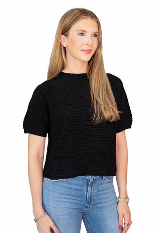 Milio Milano black Italian lace knit top with textured short sleeves and crew neckline for contemporary women's fashion